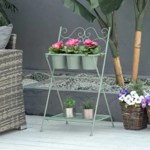 mode pas cher OUTSUNNY Étagère à Fleurs Pliable 2 Niveaux Style Rural Chic 3 Pots De Fleurs 9