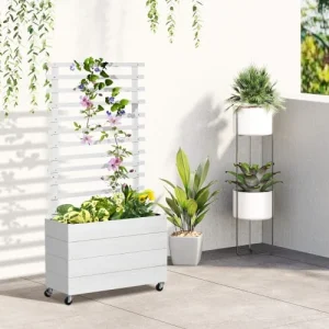 OUTSUNNY Jardinière Avec Treillis Sur Roulettes Bois Sapin Traité Peint Blanc en ligne 8