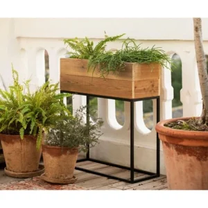 Wadiga Jardinière Sur Pied En Métal Noir Et Bois Recyclé 55x21x60,5cm marque pas cher 8