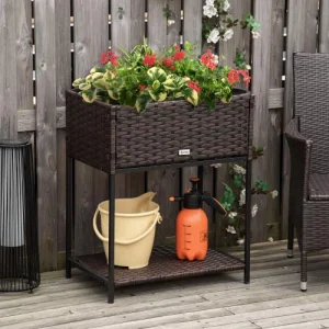 OUTSUNNY Jardinière Sur Pieds Avec étagère – Résine Tressée Aspect Rotin Marron Acheter 10