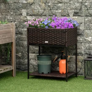 OUTSUNNY Jardinière Sur Pieds Avec étagère – Résine Tressée Aspect Rotin Marron Acheter 14