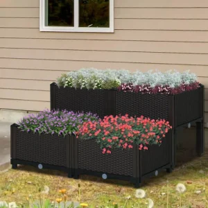 vente à bas prix OUTSUNNY Jardinière Sur Pieds Carré Potager 2 étages 4 Bacs Plastique Chocolat 10