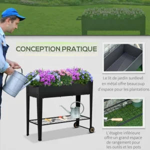 Boutique officielle OUTSUNNY Jardinière Sur Pieds Potager étagère 2 Roues Insert D’irrigation Métal 18