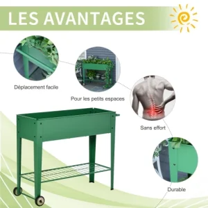 se précipiter pour acheter OUTSUNNY Jardinière Sur Pieds Potager étagère 2 Roues Insert D’irrigation Métal 16