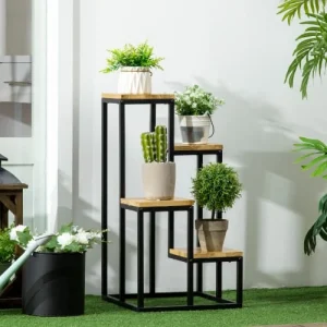 en ligne OUTSUNNY Porte-plantes Style Industriel 4 étagères – Métal Sapin Verni 10